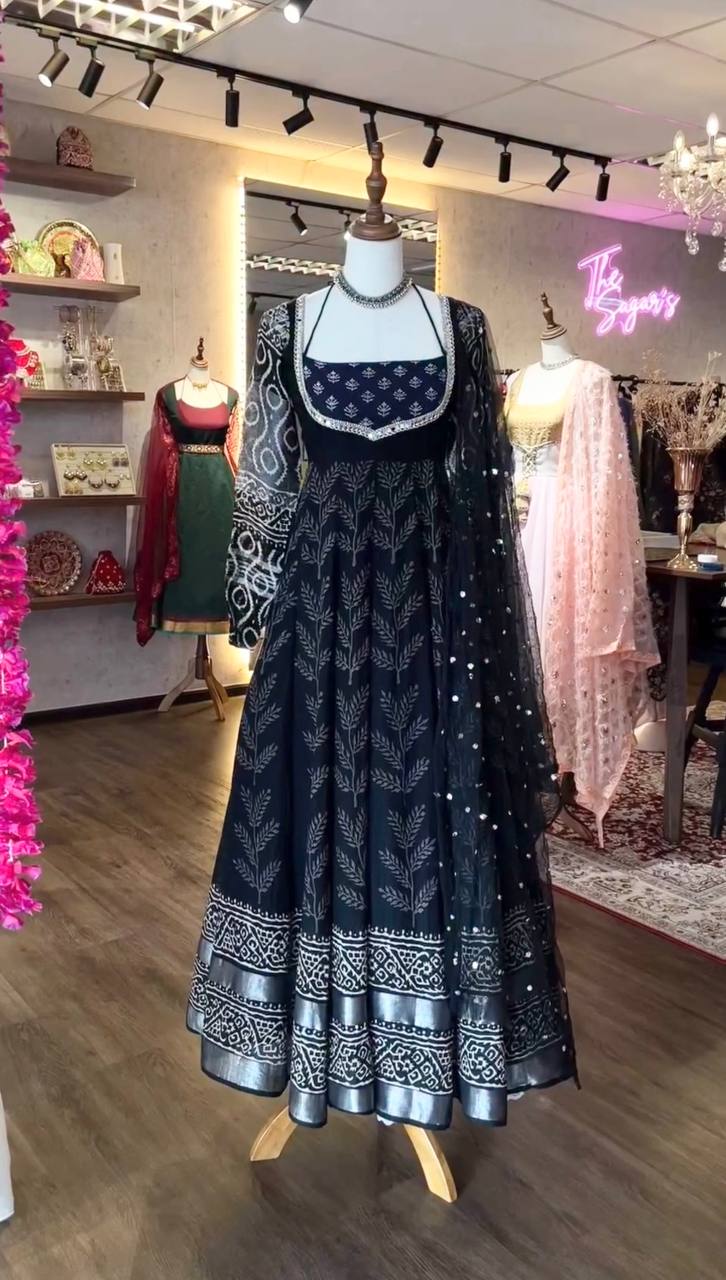 Elegance Black Color Cotton With Digital Printed Designer Gown Suit