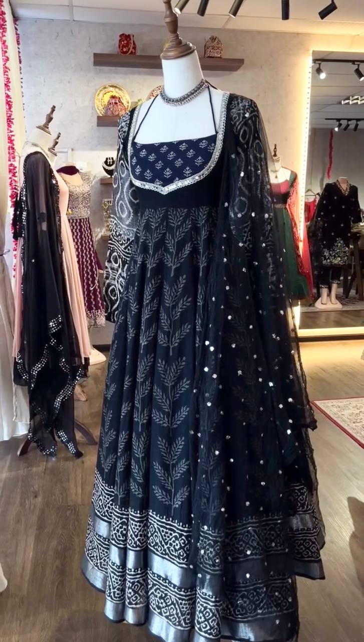 Elegance Black Color Cotton With Digital Printed Designer Gown Suit