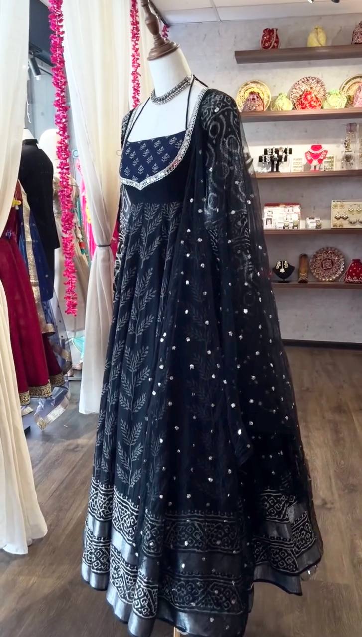 Elegance Black Color Cotton With Digital Printed Designer Gown Suit