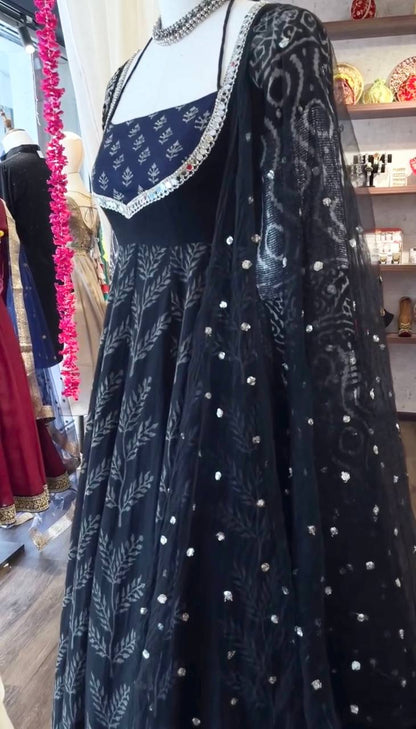 Elegance Black Color Cotton With Digital Printed Designer Gown Suit