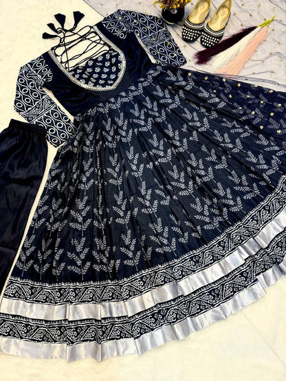 Elegance Black Color Cotton With Digital Printed Designer Gown Suit