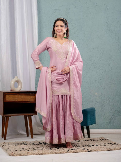 Luxuriant Peach Color Pure Heavy Chinon Silk With Heavy Embroidery Coding Sequence Work Sharara Suit