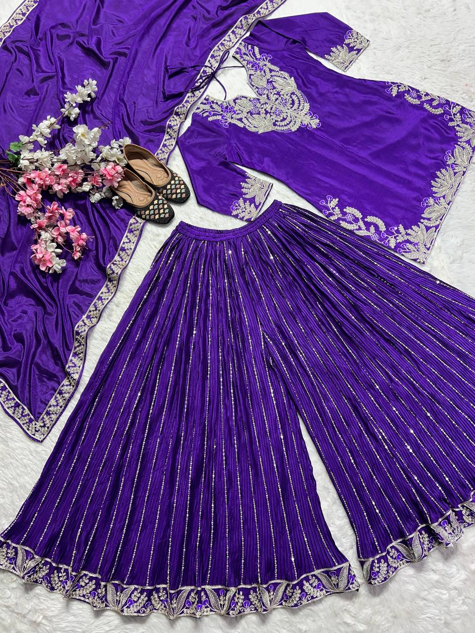 Royal Blue Color Pure Heavy Chinon Silk With Heavy Embroidery Coding Sequence Work Sharara Suit