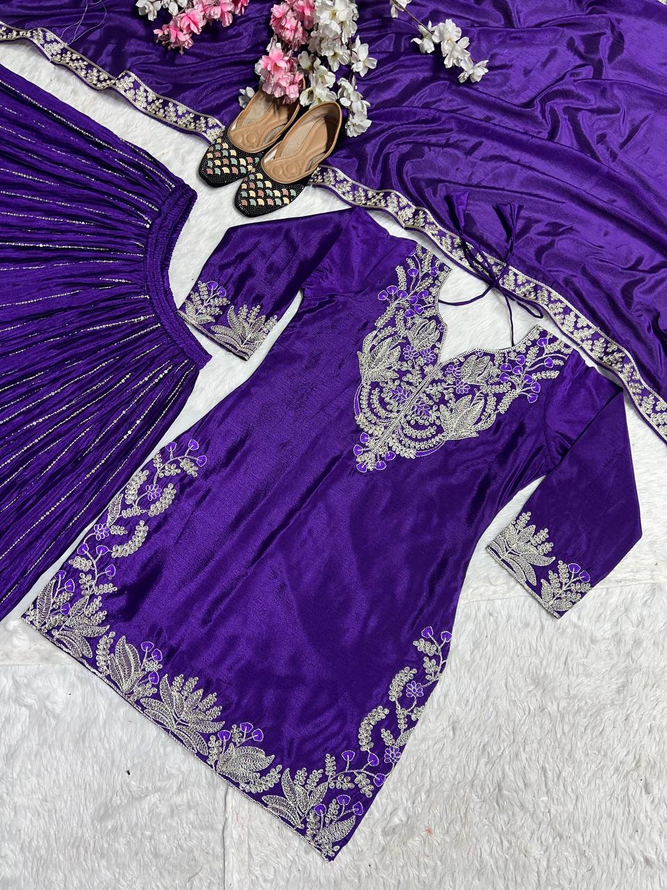 Royal Blue Color Pure Heavy Chinon Silk With Heavy Embroidery Coding Sequence Work Sharara Suit