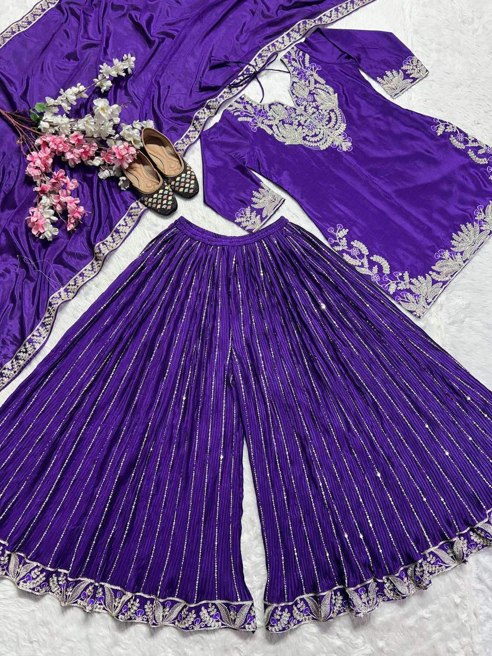 Royal Blue Color Pure Heavy Chinon Silk With Heavy Embroidery Coding Sequence Work Sharara Suit