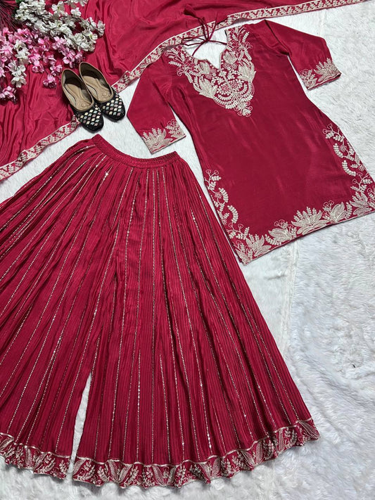 Luxuriant Pink Color Pure Heavy Chinon Silk With Heavy Embroidery Coding Sequence Work Sharara Suit