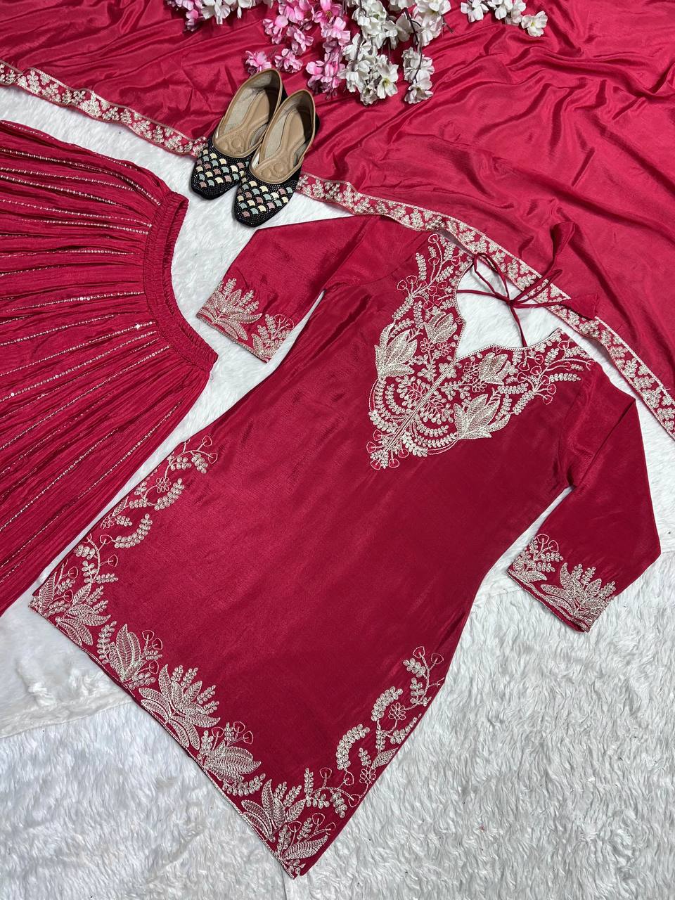Luxuriant Pink Color Pure Heavy Chinon Silk With Heavy Embroidery Coding Sequence Work Sharara Suit