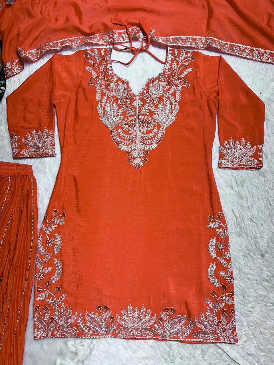 Luxuriant Orange Color Pure Heavy Chinon Silk With Heavy Embroidery Coding Sequence Work Sharara Suit