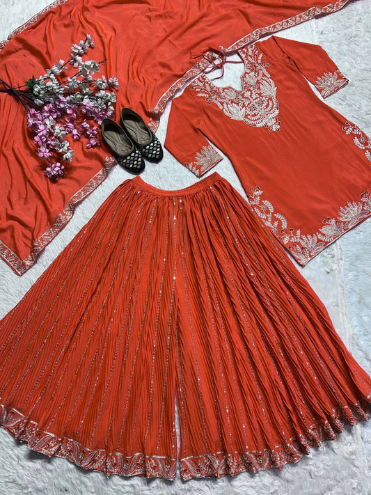 Luxuriant Orange Color Pure Heavy Chinon Silk With Heavy Embroidery Coding Sequence Work Sharara Suit