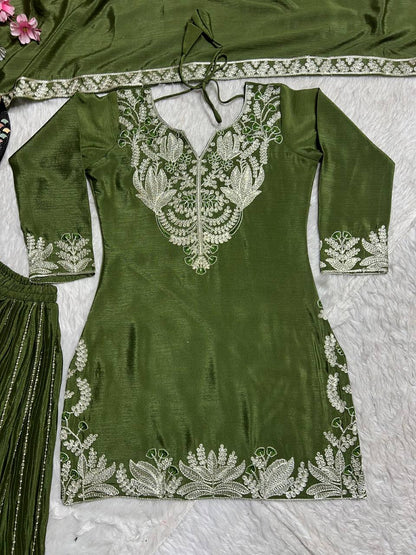 Luxuriant Green Color Pure Heavy Chinon Silk With Heavy Embroidery Coding Sequence Work Sharara Suit