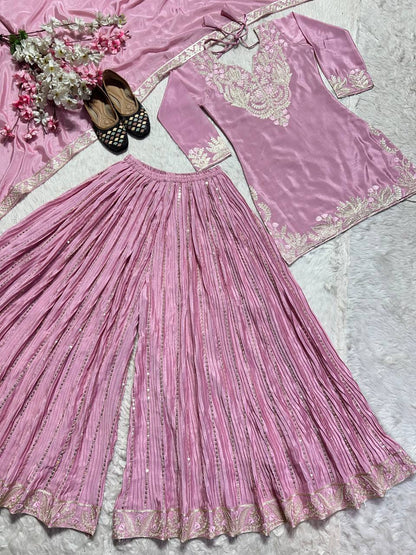 Luxuriant Peach Color Pure Heavy Chinon Silk With Heavy Embroidery Coding Sequence Work Sharara Suit