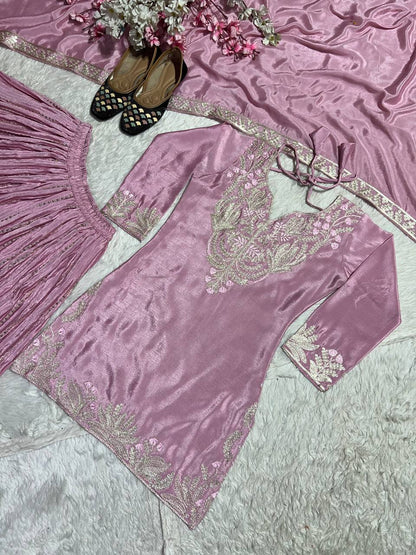 Luxuriant Peach Color Pure Heavy Chinon Silk With Heavy Embroidery Coding Sequence Work Sharara Suit