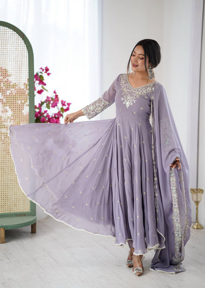 Arti Chauhan Wear Purple Color Sequence Embroidered Anarkali Gown With Dupatta