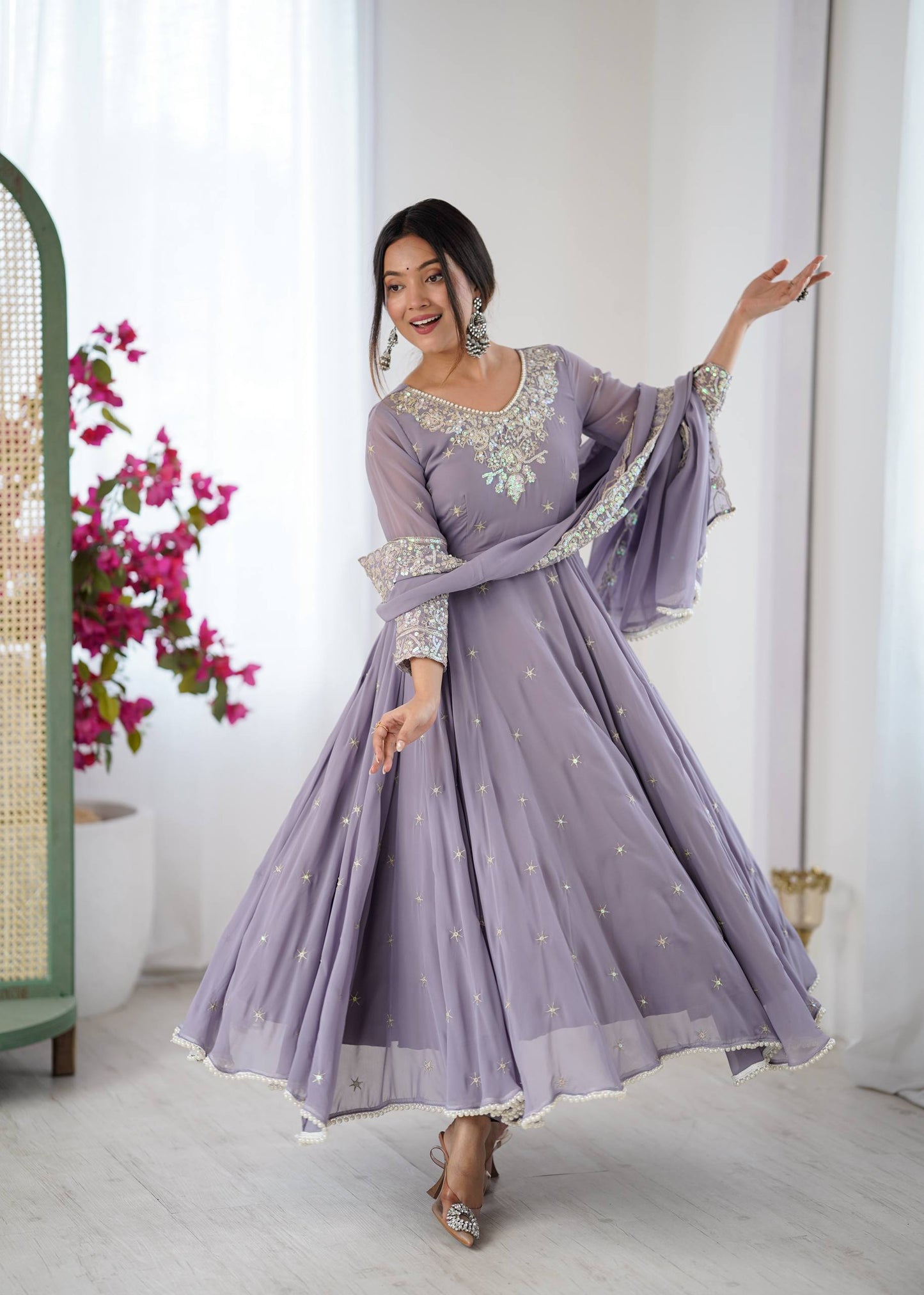 Arti Chauhan Wear Purple Color Sequence Embroidered Anarkali Gown With Dupatta
