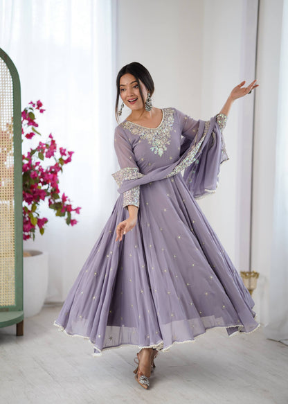 Arti Chauhan Wear Purple Color Sequence Embroidered Anarkali Gown With Dupatta