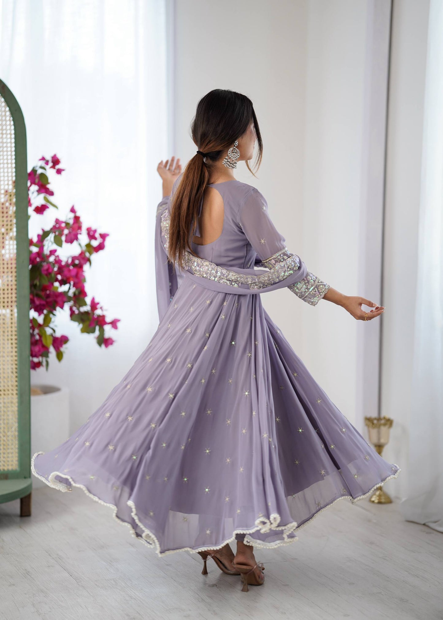 Arti Chauhan Wear Purple Color Sequence Embroidered Anarkali Gown With Dupatta