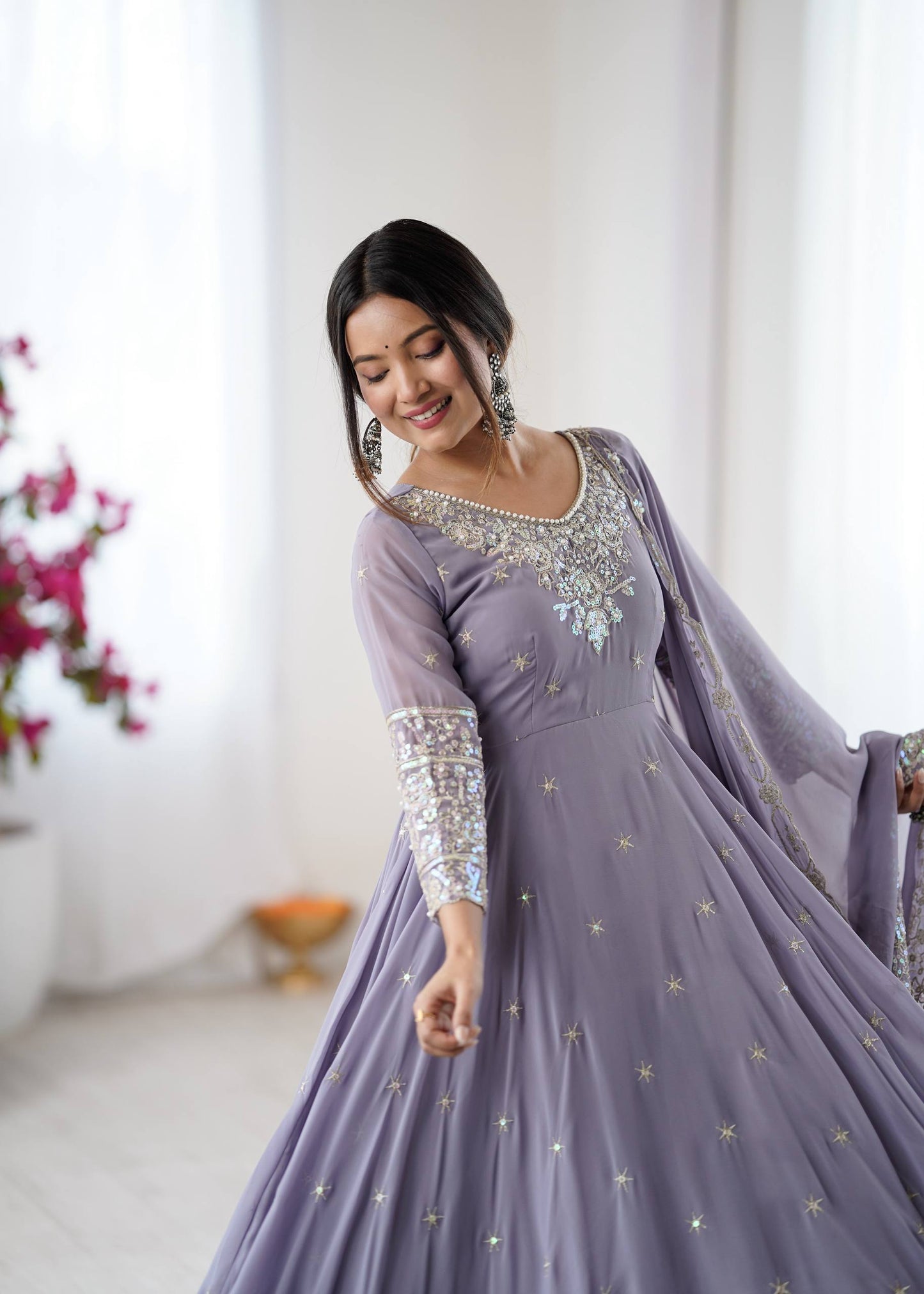 Arti Chauhan Wear Purple Color Sequence Embroidered Anarkali Gown With Dupatta