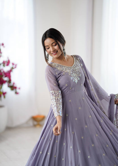Arti Chauhan Wear Purple Color Sequence Embroidered Anarkali Gown With Dupatta