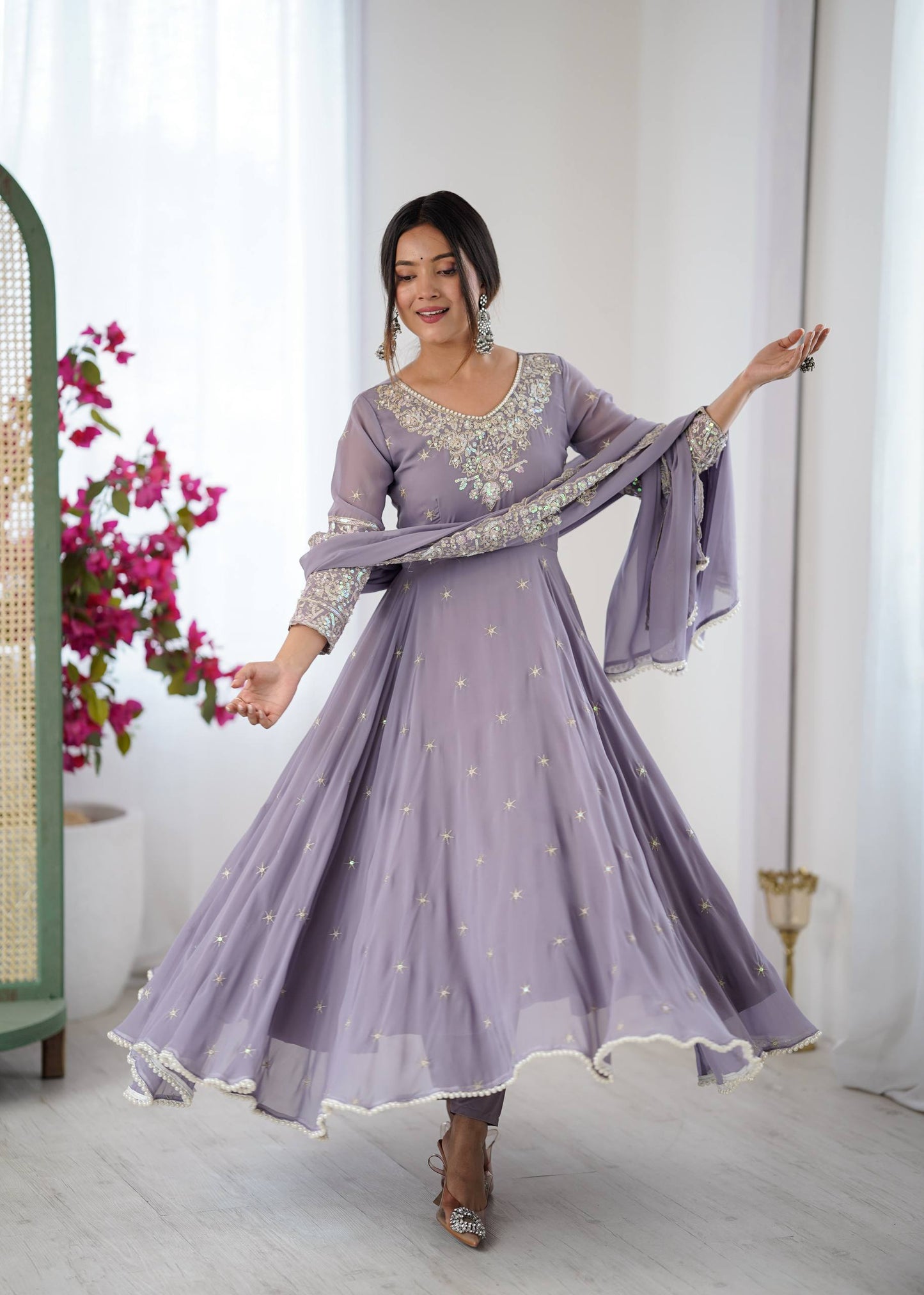 Arti Chauhan Wear Purple Color Sequence Embroidered Anarkali Gown With Dupatta