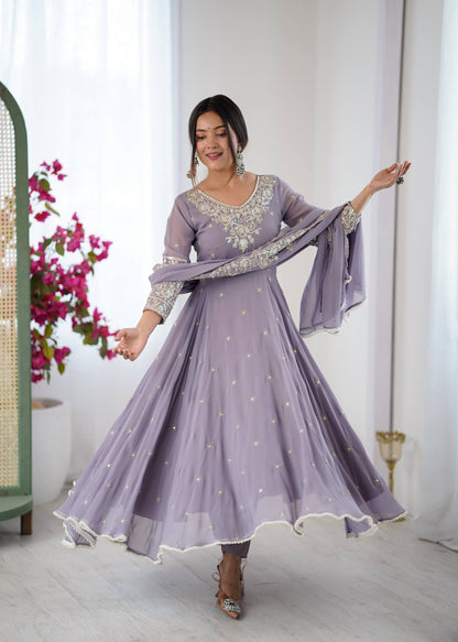 Arti Chauhan Wear Purple Color Sequence Embroidered Anarkali Gown With Dupatta