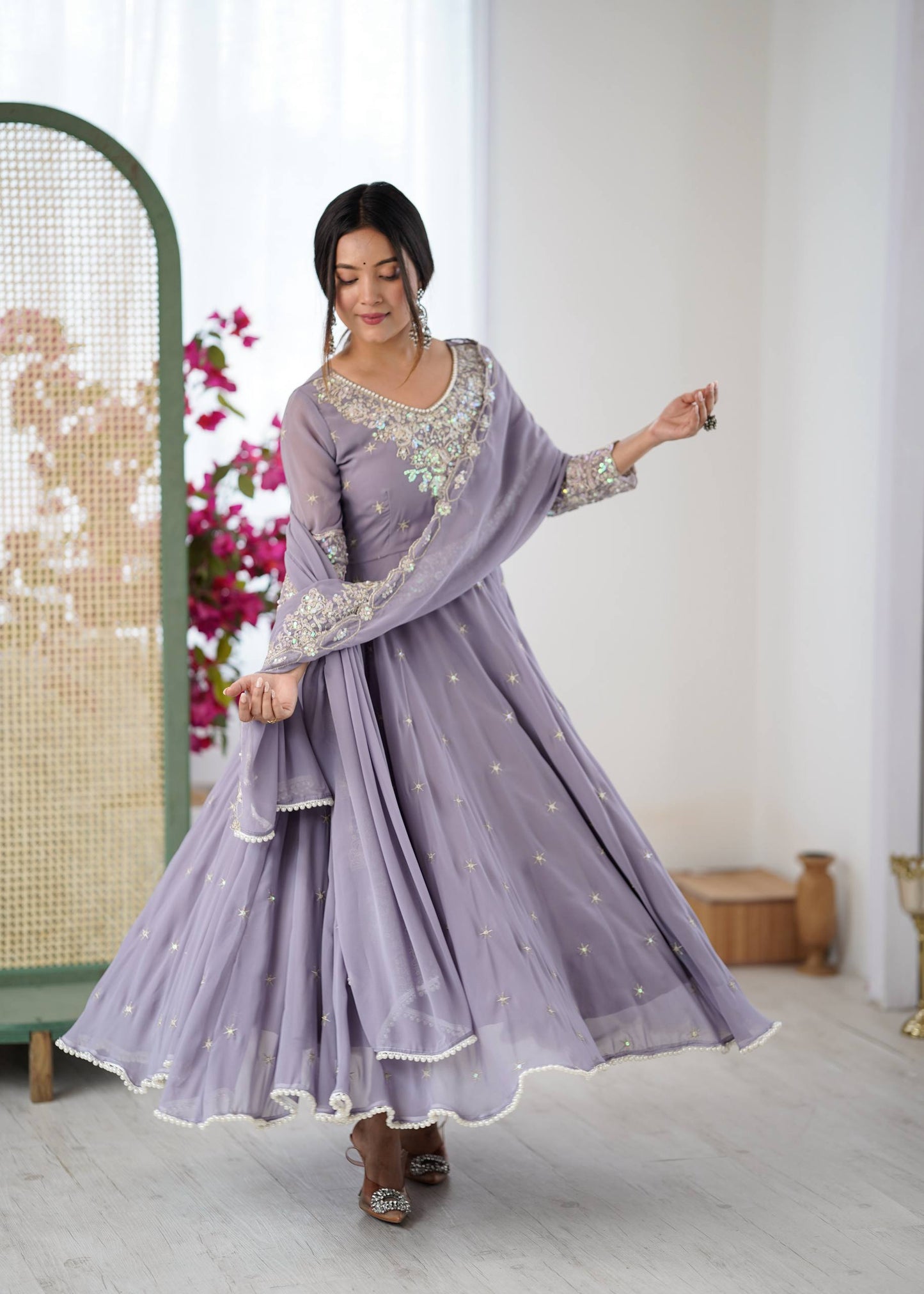 Arti Chauhan Wear Purple Color Sequence Embroidered Anarkali Gown With Dupatta