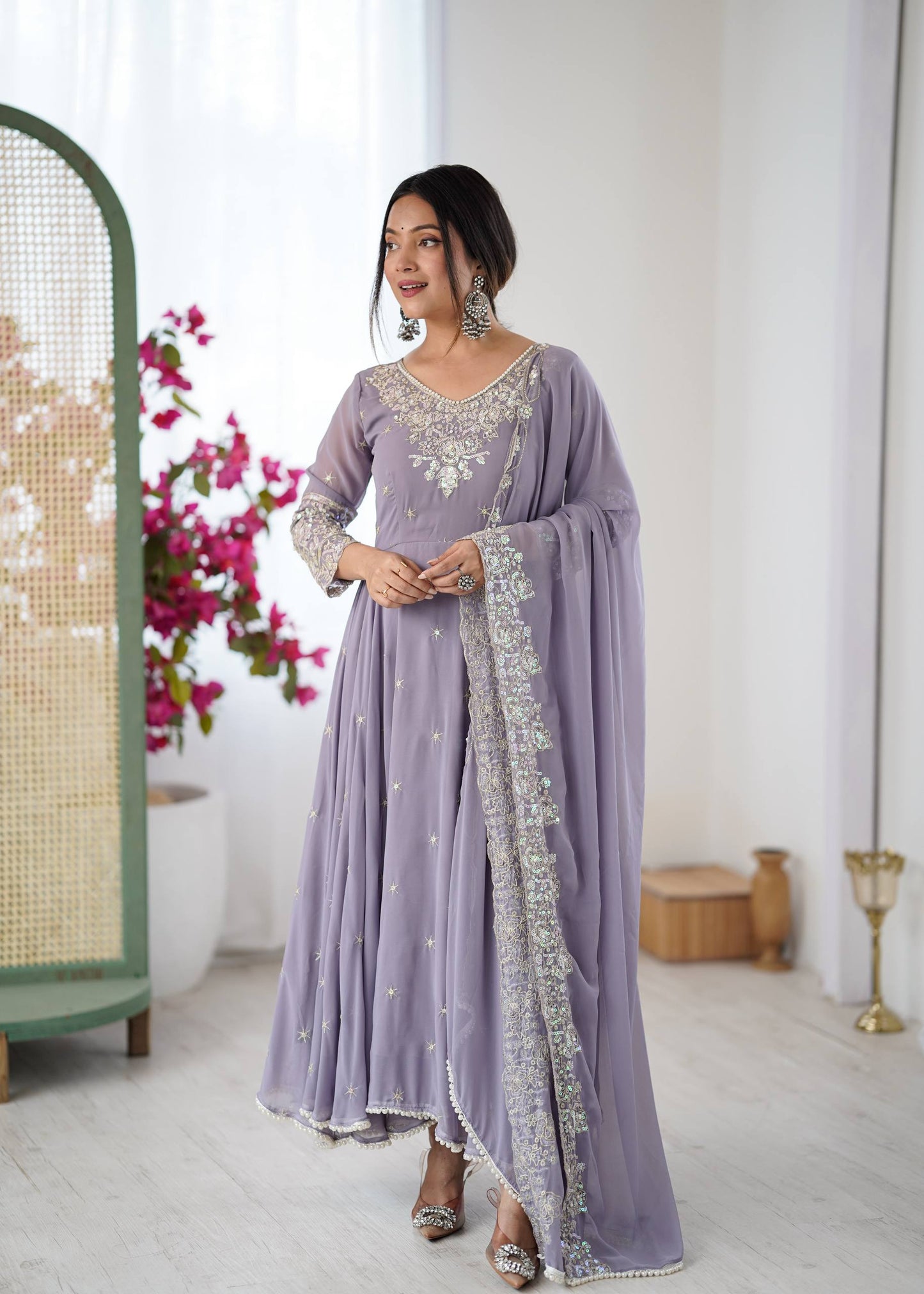 Arti Chauhan Wear Purple Color Sequence Embroidered Anarkali Gown With Dupatta