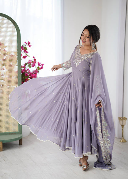 Arti Chauhan Wear Purple Color Sequence Embroidered Anarkali Gown With Dupatta
