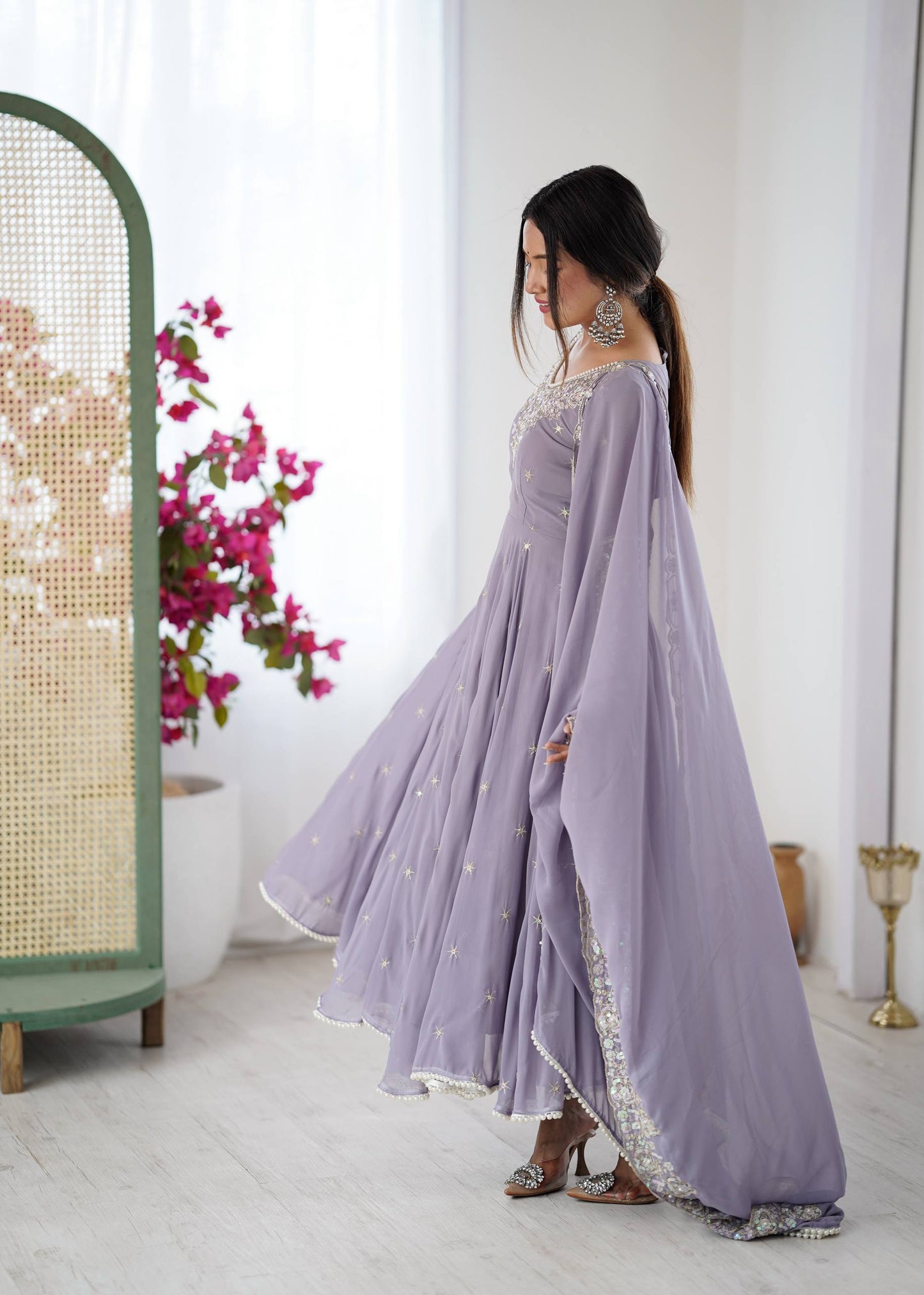 Arti Chauhan Wear Purple Color Sequence Embroidered Anarkali Gown With Dupatta