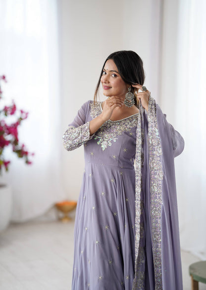 Arti Chauhan Wear Purple Color Sequence Embroidered Anarkali Gown With Dupatta