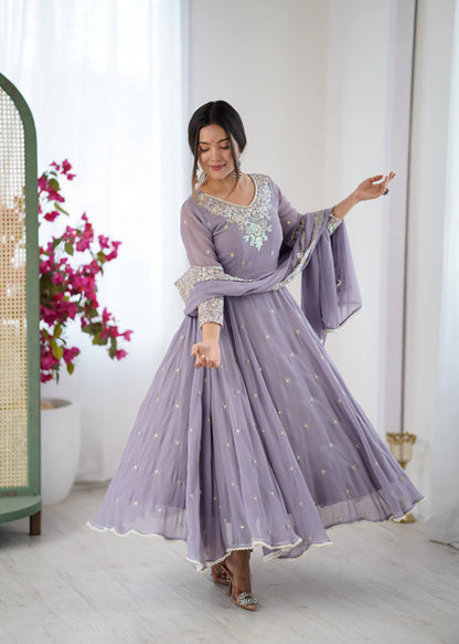 Arti Chauhan Wear Purple Color Sequence Embroidered Anarkali Gown With Dupatta