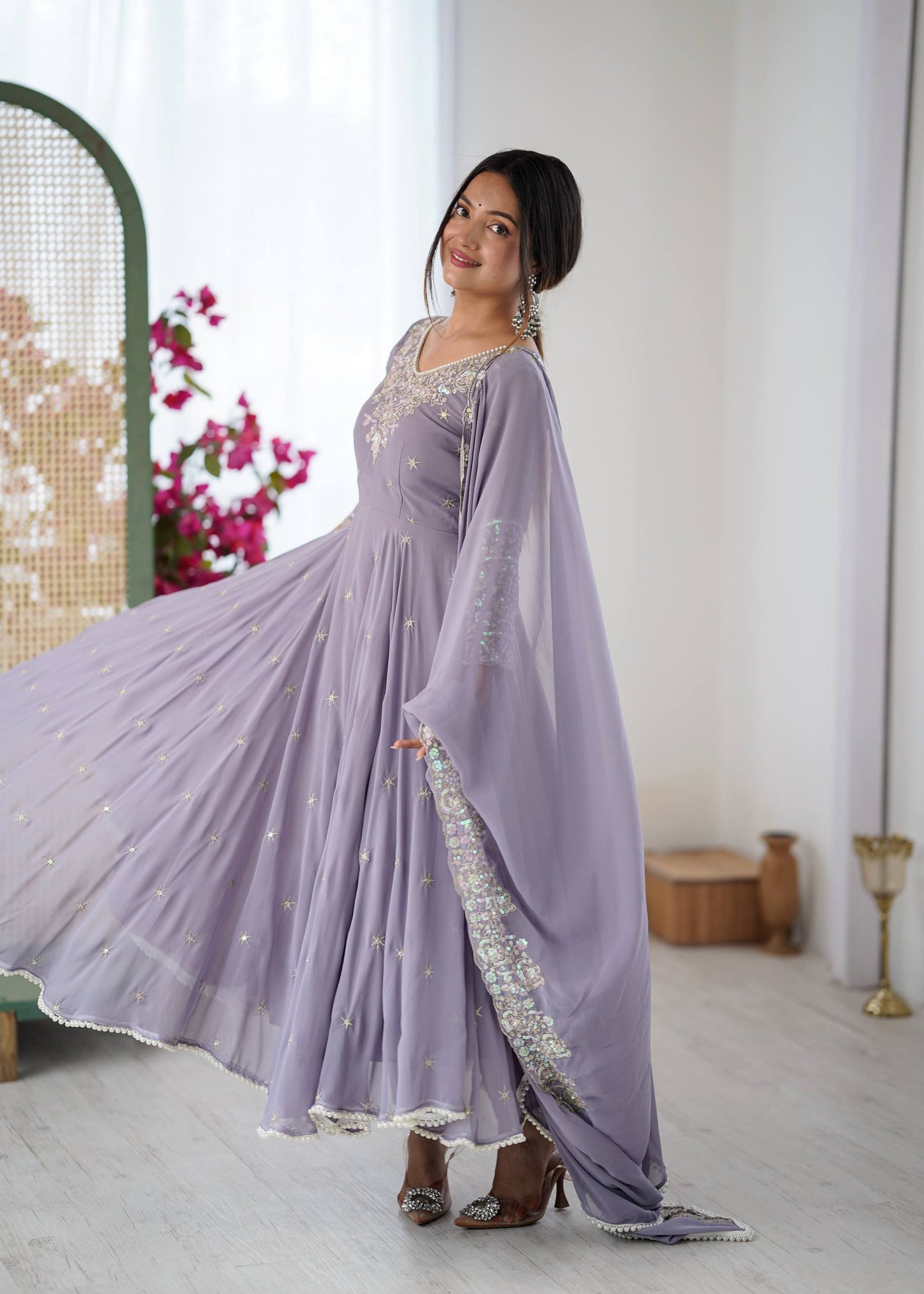 Arti Chauhan Wear Purple Color Sequence Embroidered Anarkali Gown With Dupatta