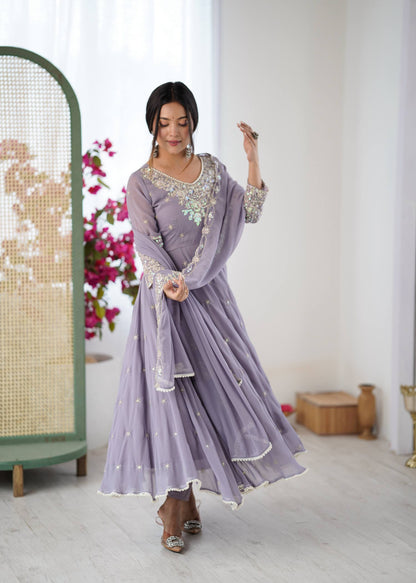 Arti Chauhan Wear Purple Color Sequence Embroidered Anarkali Gown With Dupatta