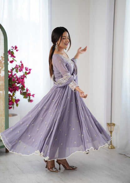 Arti Chauhan Wear Purple Color Sequence Embroidered Anarkali Gown With Dupatta