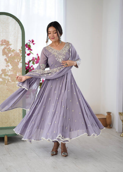 Arti Chauhan Wear Purple Color Sequence Embroidered Anarkali Gown With Dupatta