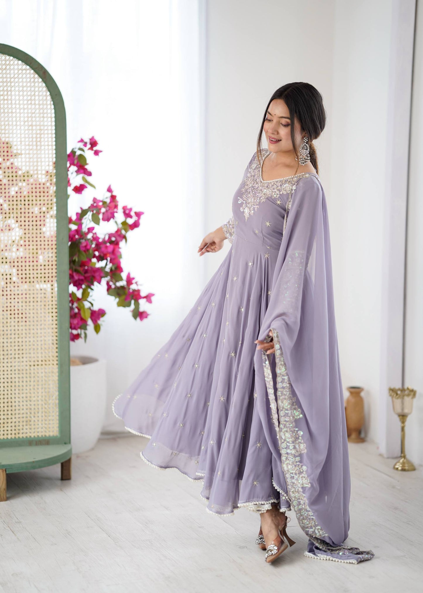 Arti Chauhan Wear Purple Color Sequence Embroidered Anarkali Gown With Dupatta