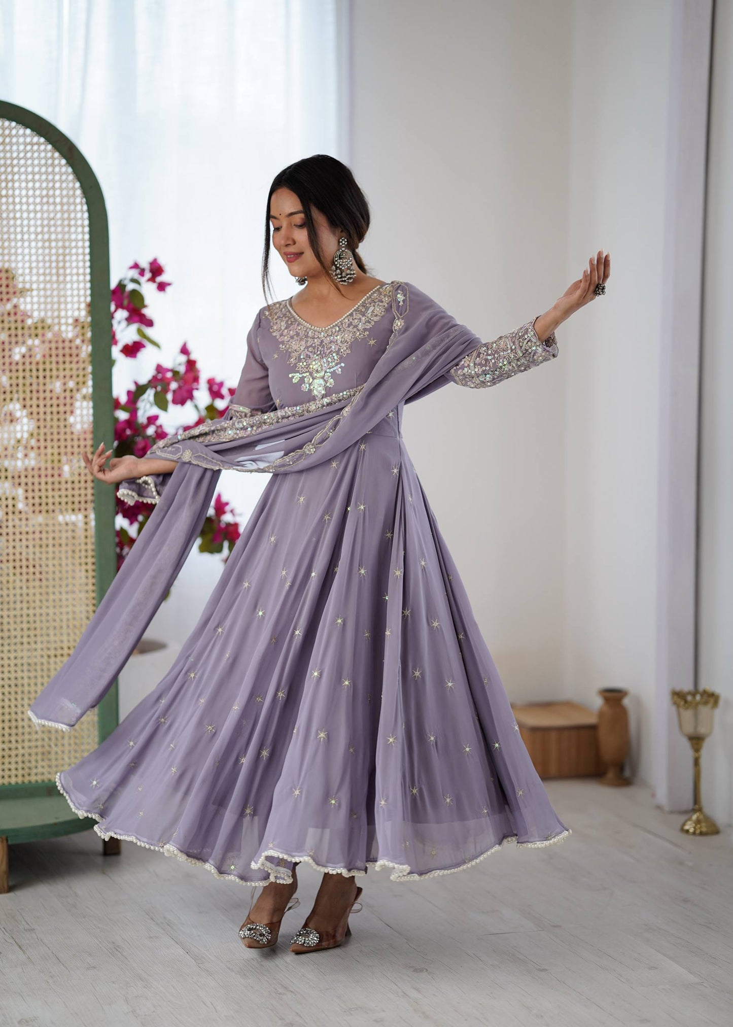 Arti Chauhan Wear Purple Color Sequence Embroidered Anarkali Gown With Dupatta