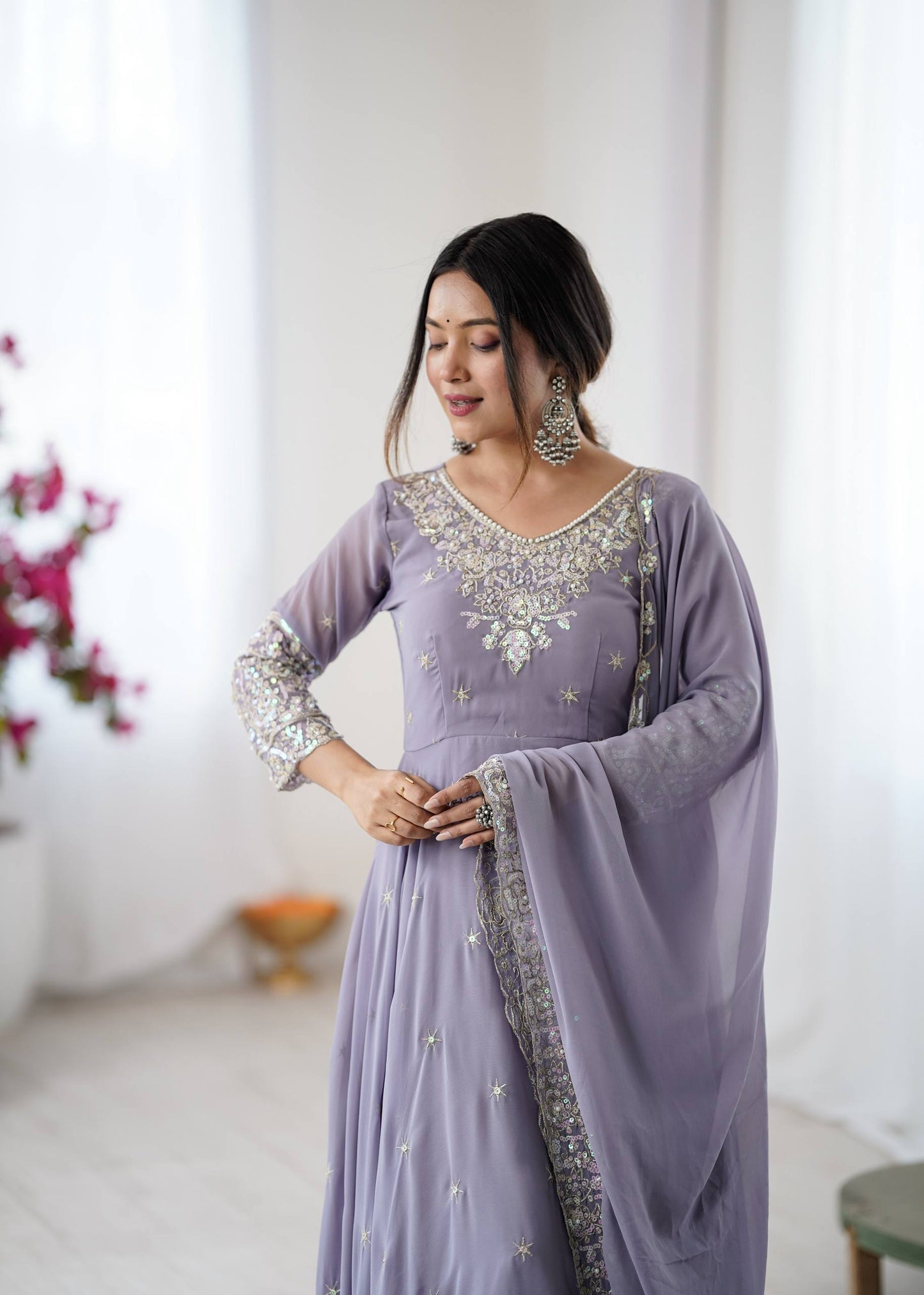 Arti Chauhan Wear Purple Color Sequence Embroidered Anarkali Gown With Dupatta