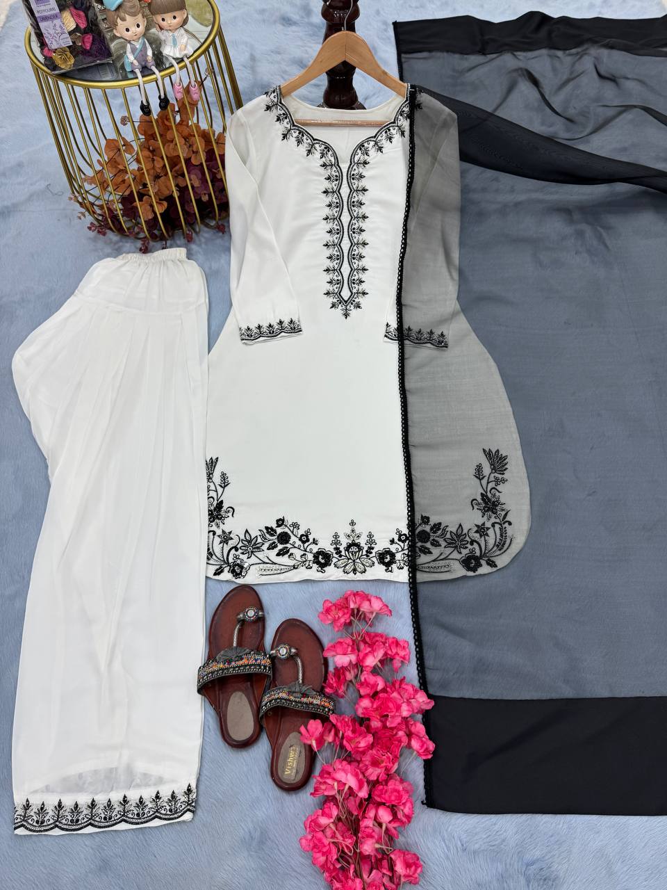 Casual Wear White Color Pure Natural Crepe With Beads Hand Work Embroidery Work Palazzo Suit