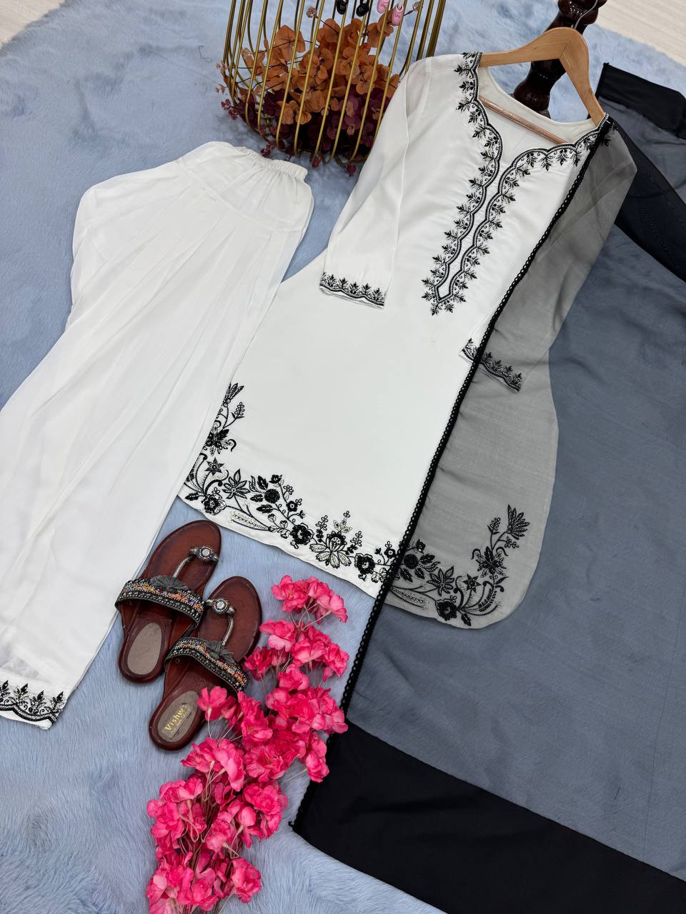 Casual Wear White Color Pure Natural Crepe With Beads Hand Work Embroidery Work Palazzo Suit