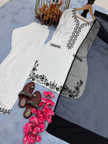 Casual Wear White Color Pure Natural Crepe With Beads Hand Work Embroidery Work Palazzo Suit