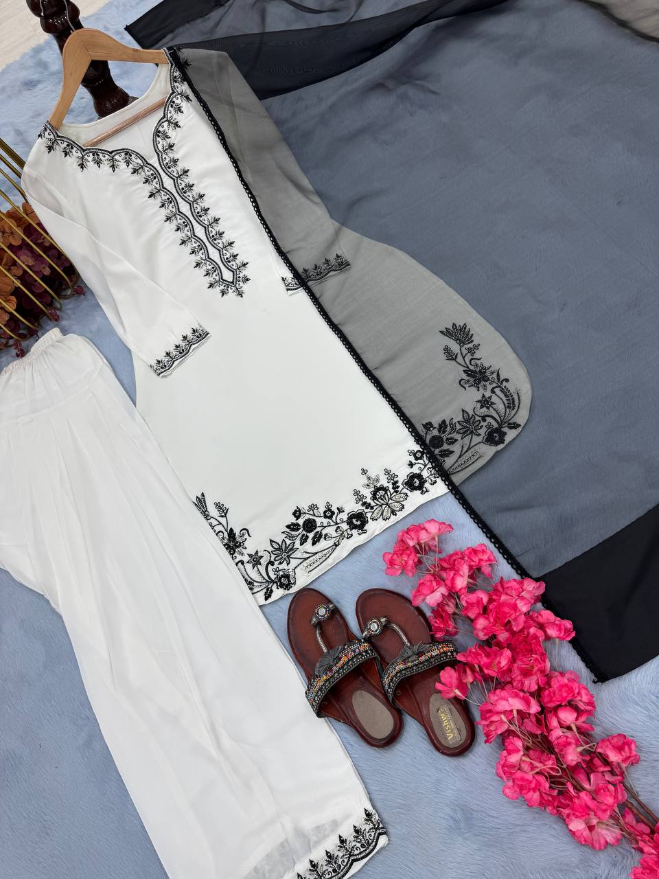 Casual Wear White Color Pure Natural Crepe With Beads Hand Work Embroidery Work Palazzo Suit