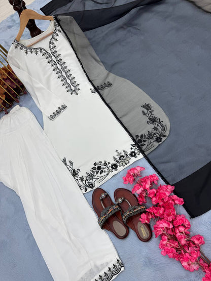 Casual Wear White Color Pure Natural Crepe With Beads Hand Work Embroidery Work Palazzo Suit