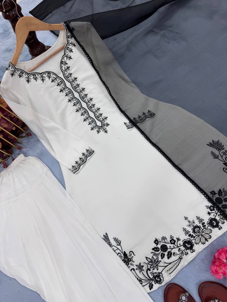 Casual Wear White Color Pure Natural Crepe With Beads Hand Work Embroidery Work Palazzo Suit