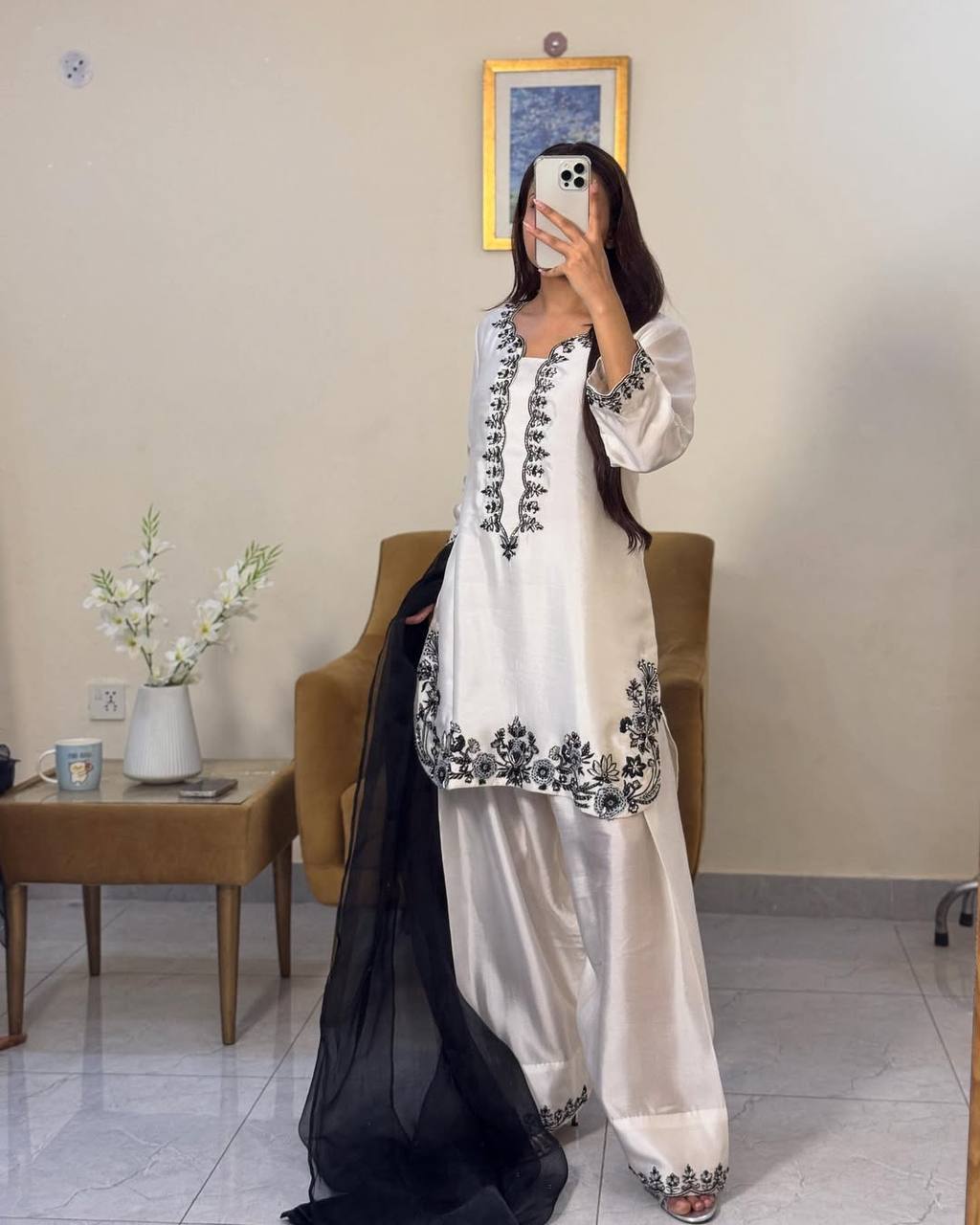 Casual Wear White Color Pure Natural Crepe With Beads Hand Work Embroidery Work Palazzo Suit
