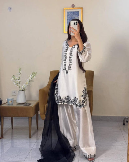 Casual Wear White Color Pure Natural Crepe With Beads Hand Work Embroidery Work Palazzo Suit