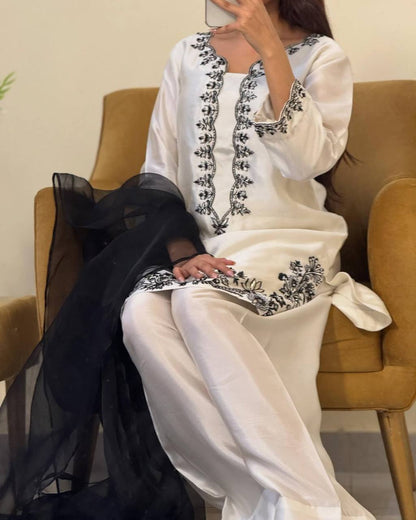 Casual Wear White Color Pure Natural Crepe With Beads Hand Work Embroidery Work Palazzo Suit