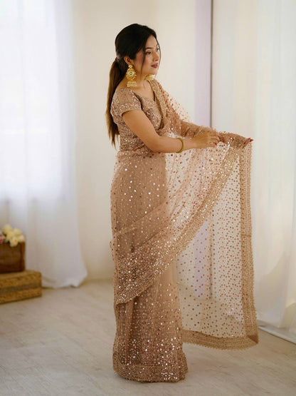 Party Wear Beige Color Net With Sequins Dori Work Designer Saree