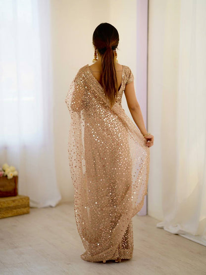 Party Wear Beige Color Net With Sequins Dori Work Designer Saree