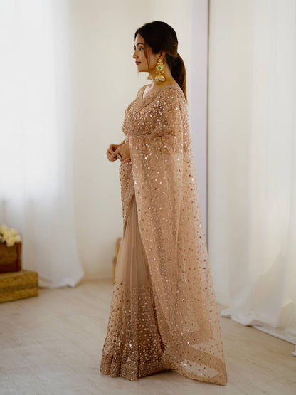 Party Wear Beige Color Net With Sequins Dori Work Designer Saree