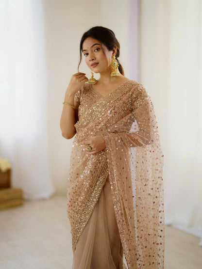 Party Wear Beige Color Net With Sequins Dori Work Designer Saree